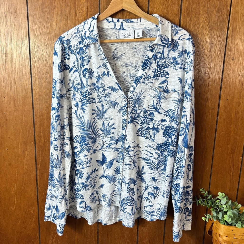 Nicole Miller New York Linen Lyocell Tropical Print Button Front Shirt Top L